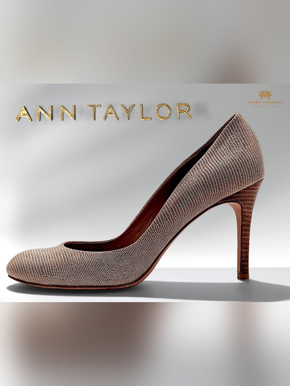 Ann Taylor Size 8M Taupe Tan Lizard Embossed Genuine Leather Round Toe Pump Heel